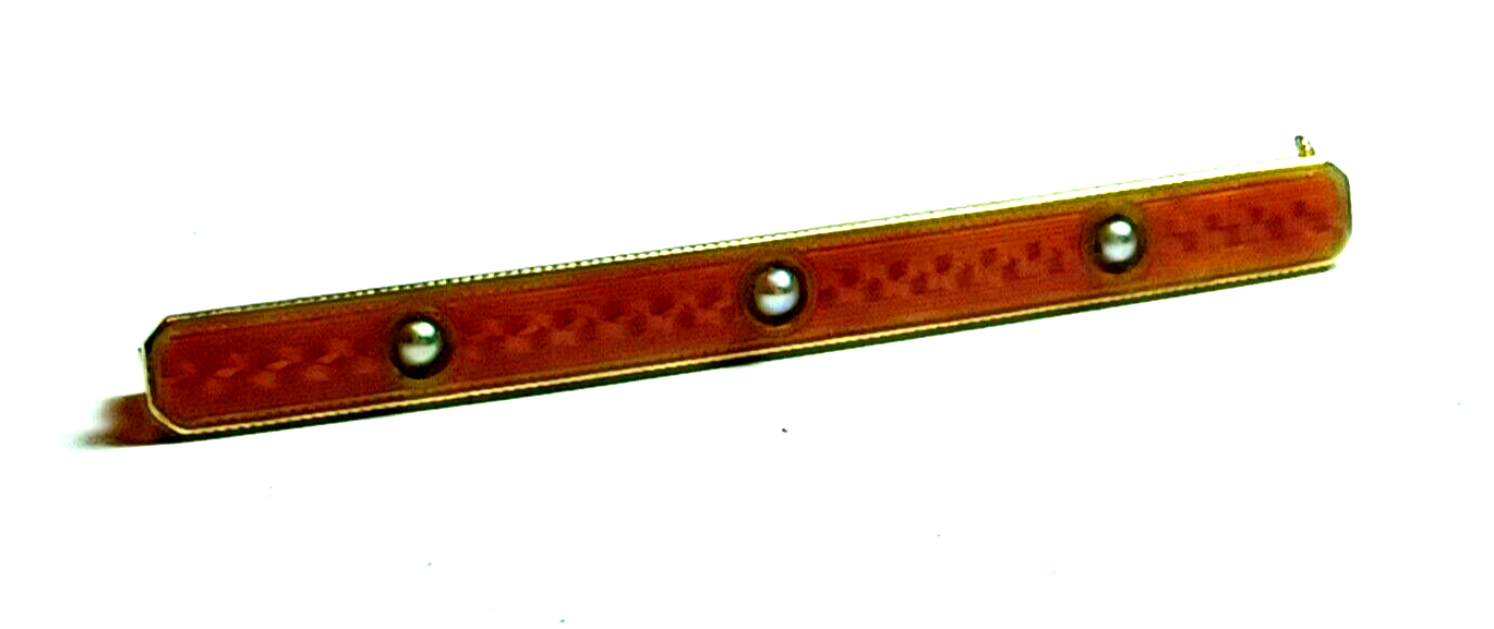 Antique Pink Enamel Guilloche Victorian Seed Pearl 14K Yellow Gold Bar Pin image 5
