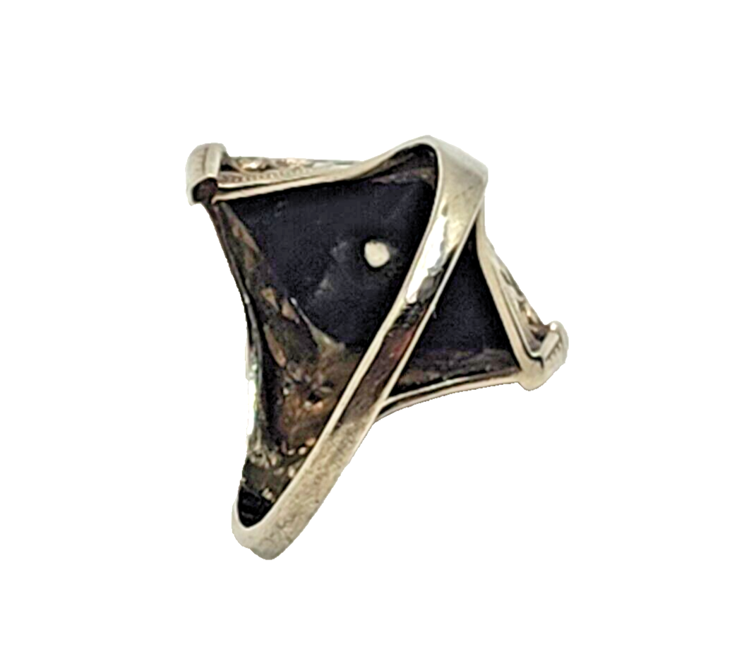 Antique Edwardian Art Deco Diamond Onyx & 14K White Gold Filigree Navette Ring image 5