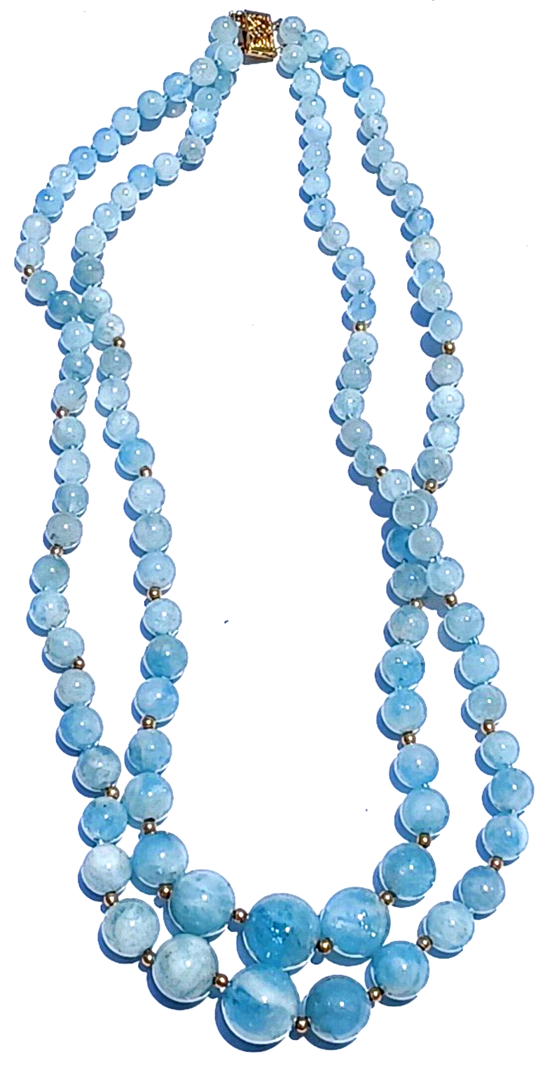 Antique Graduating Double Strand Aquamarine Crystal & 14K Gold Bead Necklace image 1