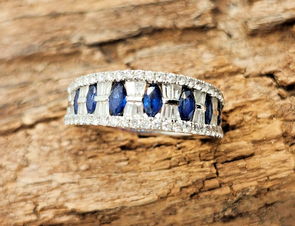 Diamond & Sapphire 18k White Gold Wedding Band or Anniversary Ring image 2