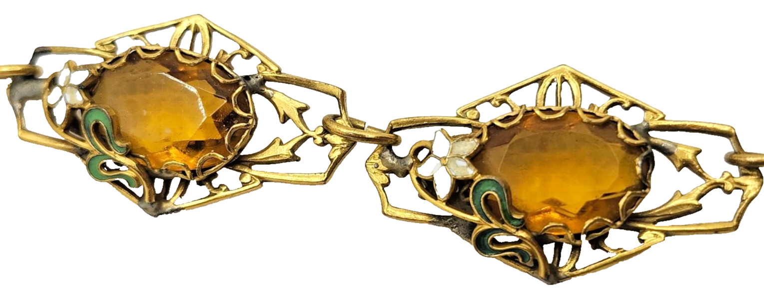 Antique Art Nouveau Enamel Czech Citrine Glass Filigree Gold Filled Necklace image 8
