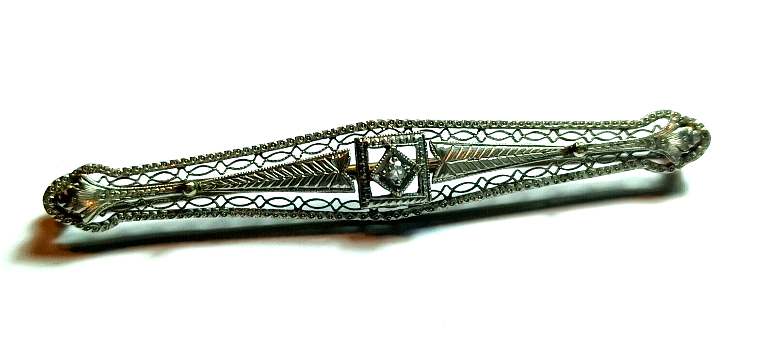 Antique Victorian .10ct Diamond Filigree Two Tone 14K Gold Bar Pin image 2