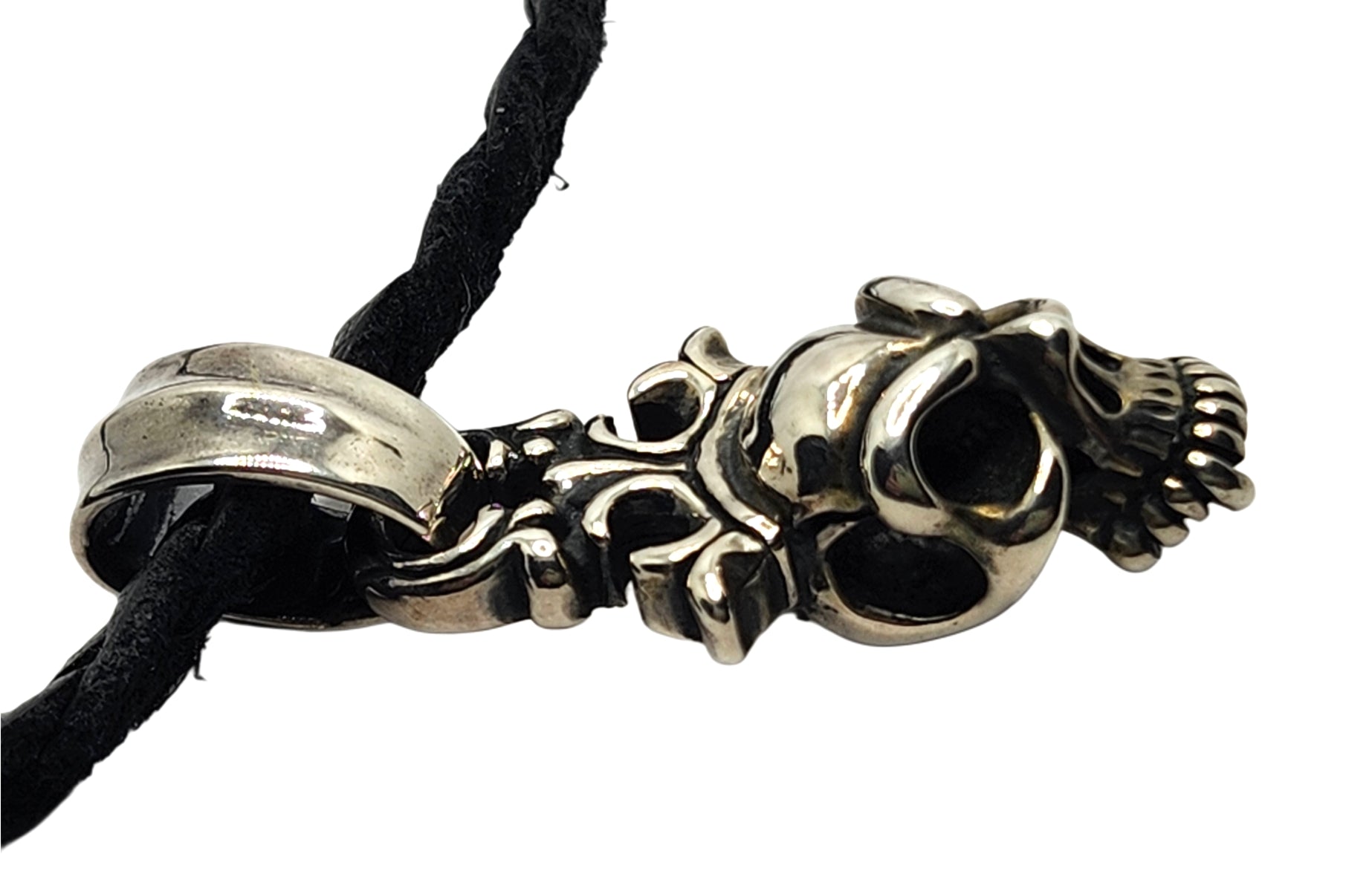 BWL Bill Wall Leather Sterling Half Skull w/ Crown Pendant on Braided Necklace image 3