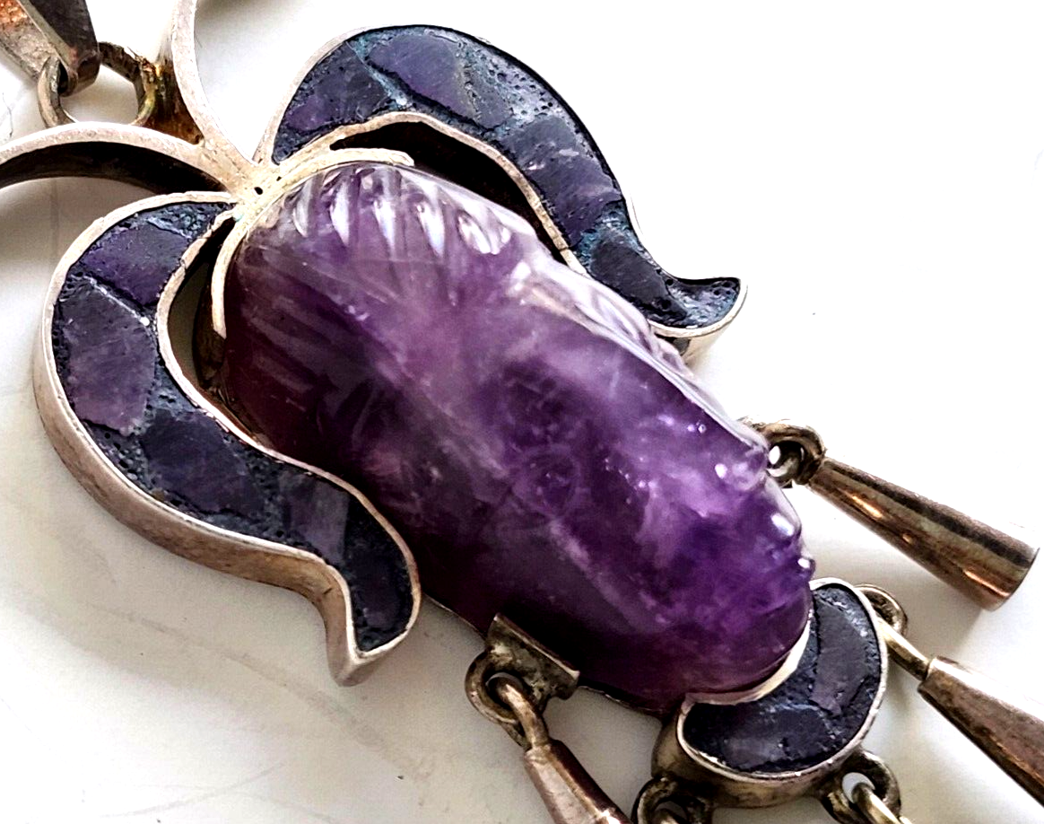 Taxco Mexico Sterling Silver Amethyst Aztec Mayan Tribal Carved Mask Pendant image 4