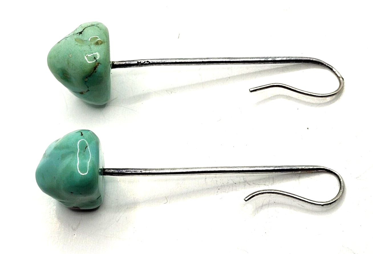 Large Chunky Turquoise Stone End on Long Sterling Silver Dangle Post Earrings image 2