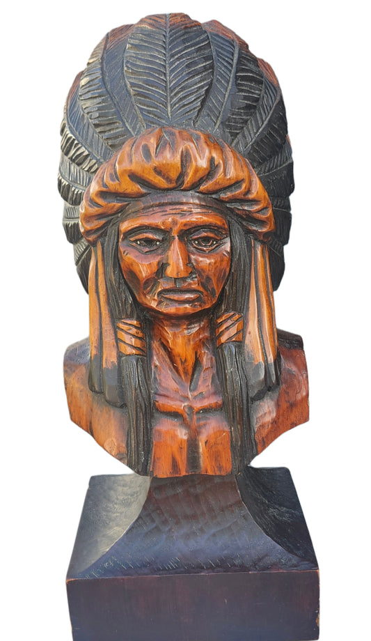 Vintage Hand Carved Native American Indian Head  Bust Wood Statue by Ed Boggis image 0