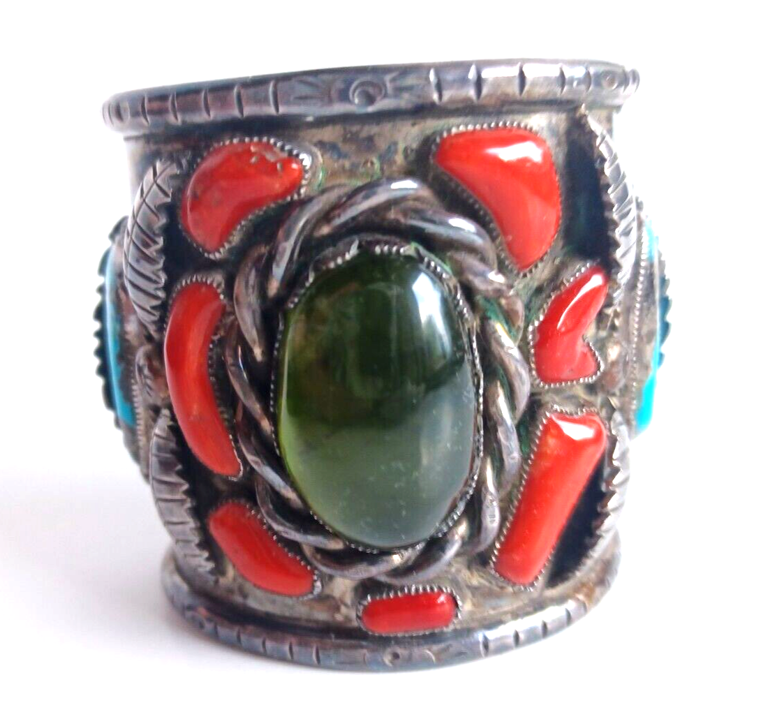 Lg Native American Green Amber Turq & Coral Sterling Cuff Bracelet Wilford Chee image 2