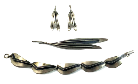 Vintage Mid Century Modern Sterling Beau Bracelet Pin & Earrings Set image 0