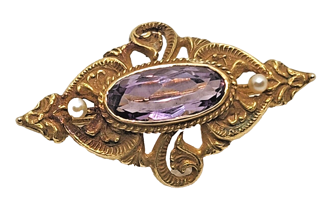 Antique Victorian Amethyst Pearl & 14k Yellow Gold Bar Pin Brooch image 1