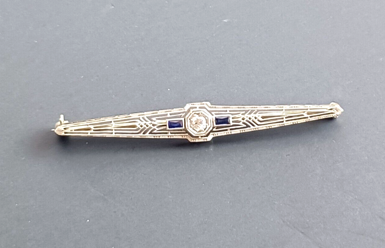 Antique Art Deco Diamond Sapphire & Platinum Bar Pin image 5
