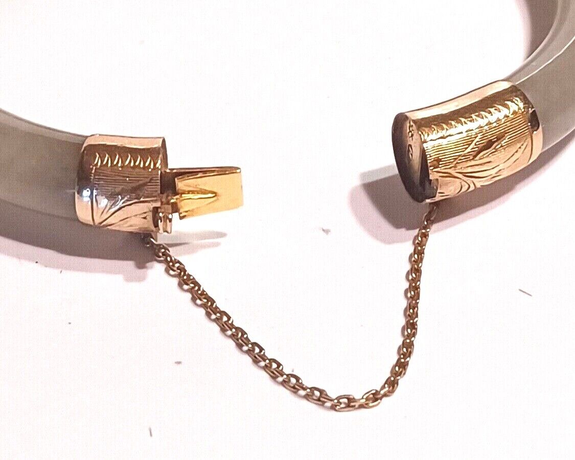 Antique 14K Gold Bi Color Green &amp; Brown Jade Hinged Bangle Bracelet image 5