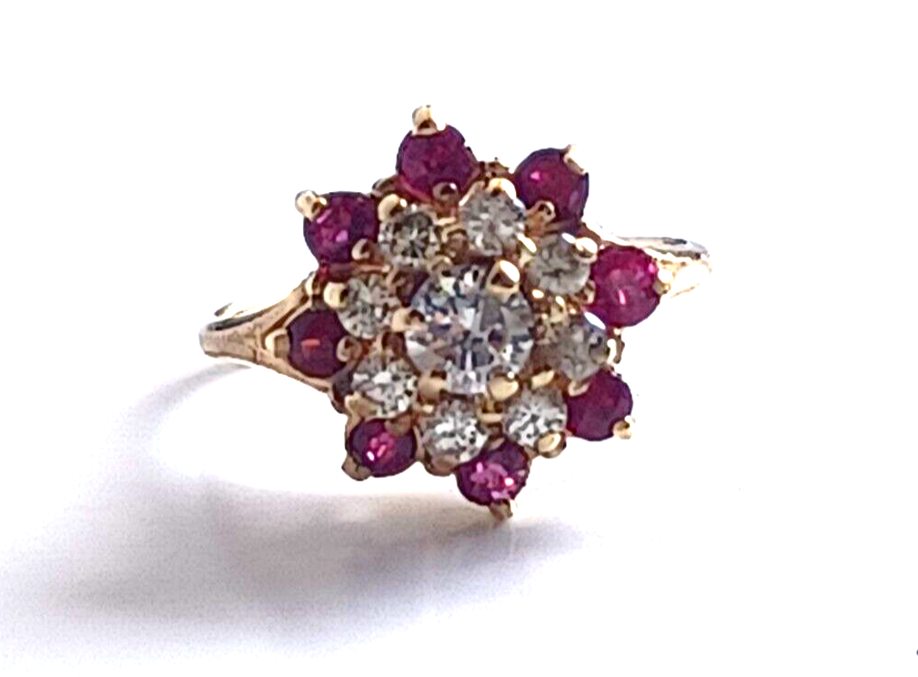 Vintage .75ct Ruby & Diamond 14K Yellow Gold Cluster Ring image 5