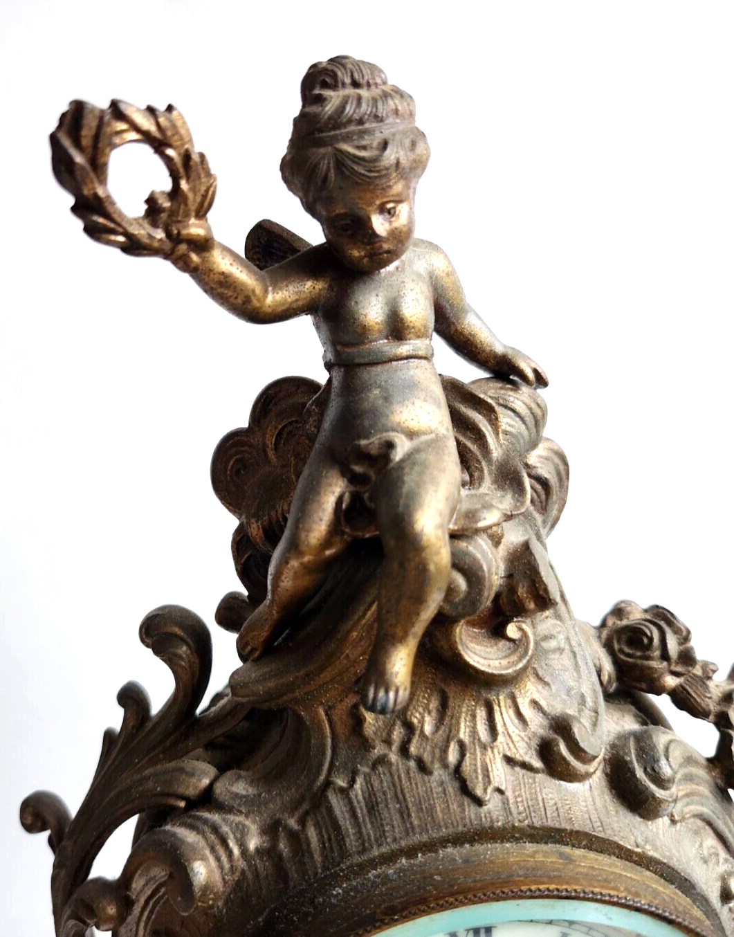 Antique Ansonia Bronze Gold Gilt Cherub Mantle Clock ~ Key Wind & Working image 3