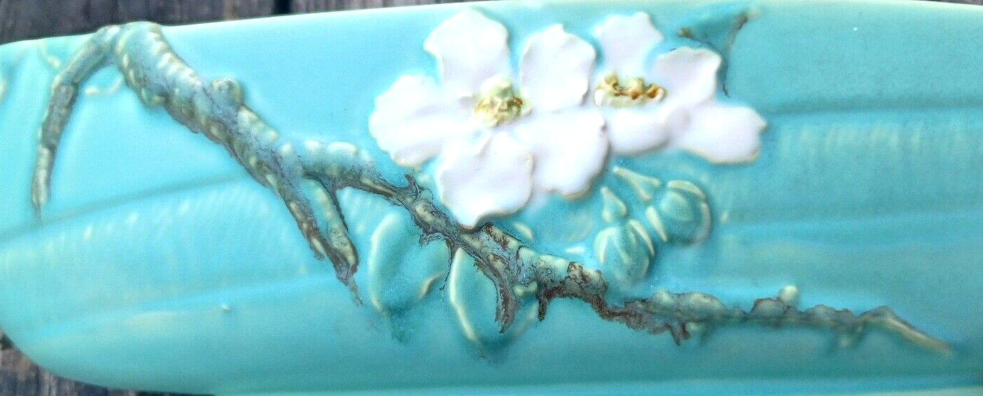 Rare Antique Weller Pottery Turquoise Wild Rose Large Oblong Planter Centerpiece image 4