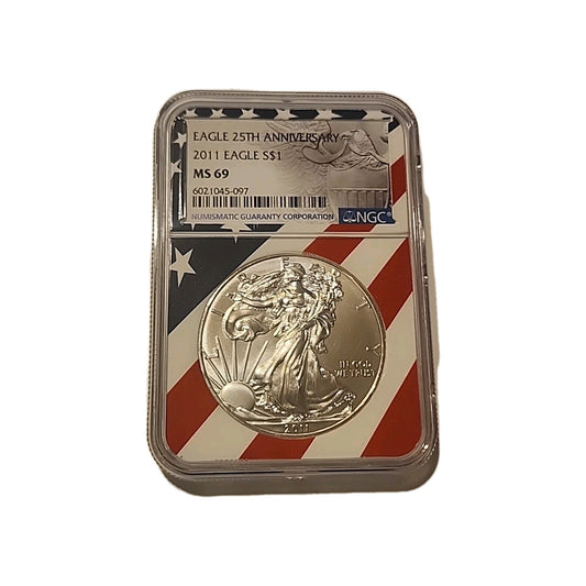 2011 US Silver $1 Eagle NGC MS69 American Flag 25th Anniversary image 0