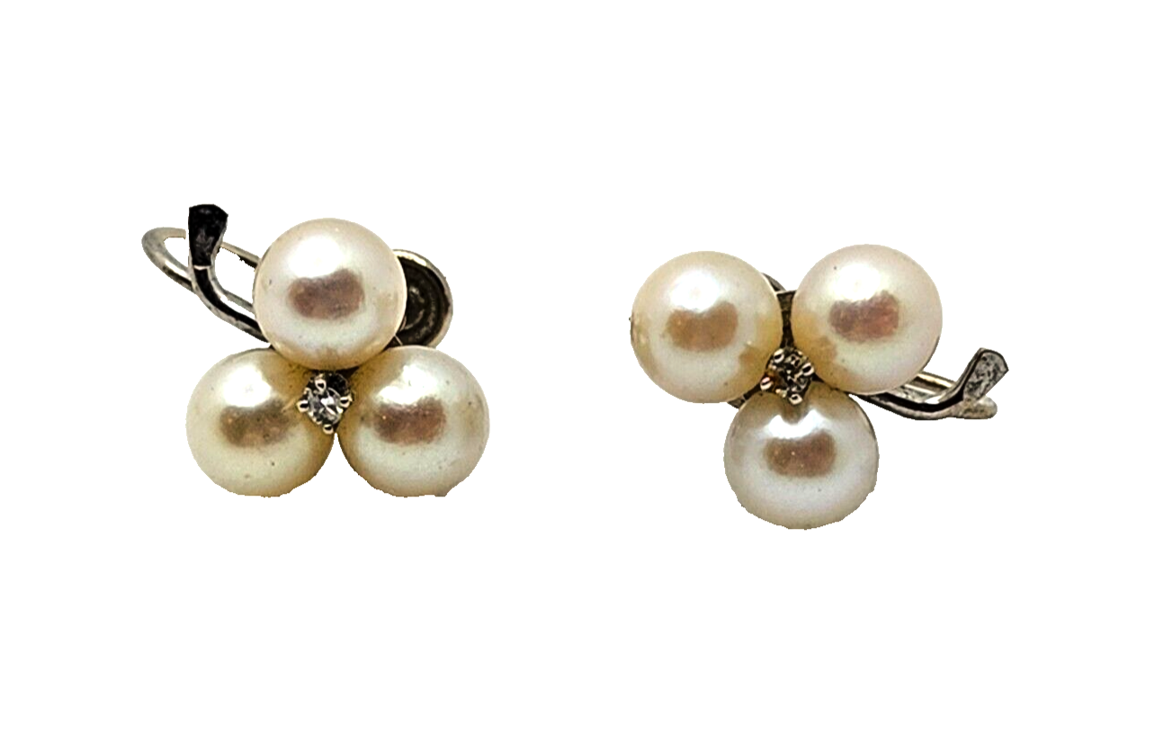 14K Triple White Cultured Pearl Three Leaf Clover & Diamond Screw Back Earrings image 2
