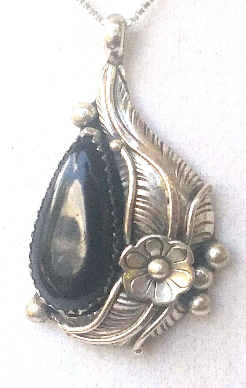 Native American Signed Sterling SIlver & Onyx Pendant with Necklace CC image 2
