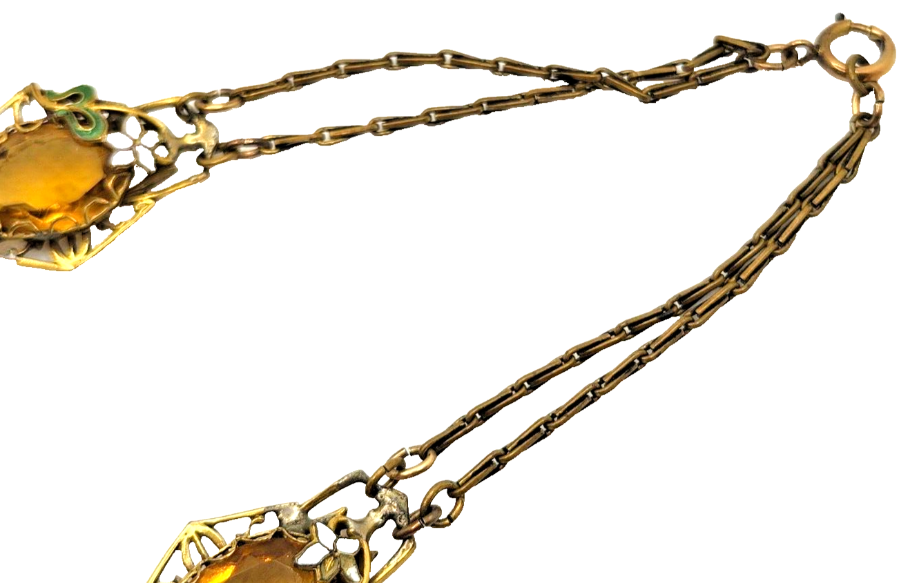 Antique Art Nouveau Enamel Czech Citrine Glass Filigree Gold Filled Necklace image 11