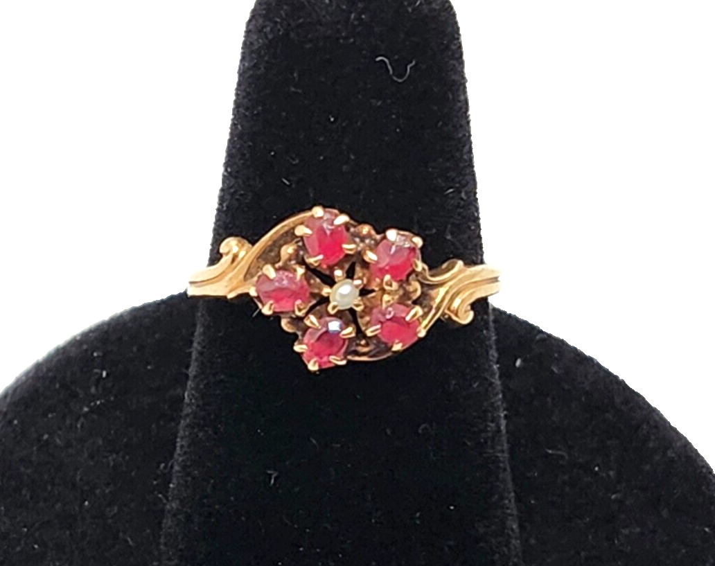 Antique Ruby & Seed Pearl Flower 10K Yellow Gold Ring image 0