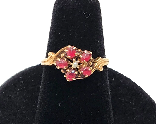 Antique Ruby & Seed Pearl Flower 10K Yellow Gold Ring image 0