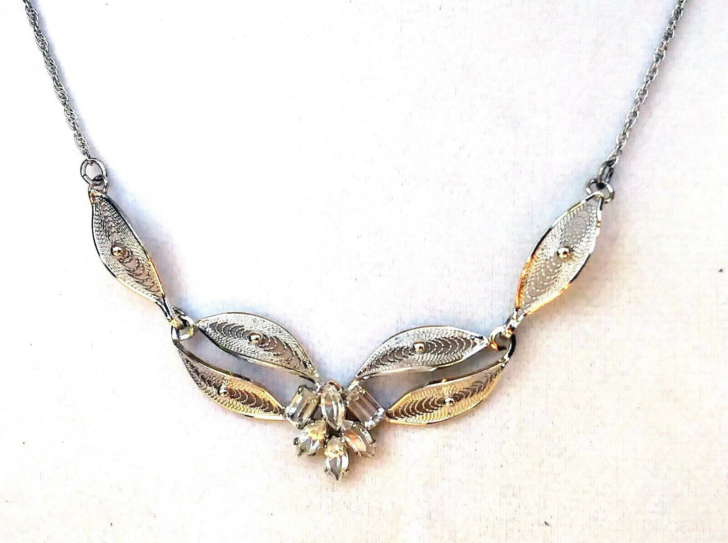 Gorgeous Vintage Sterling Silver & Crystal Filigree Necklace image 2