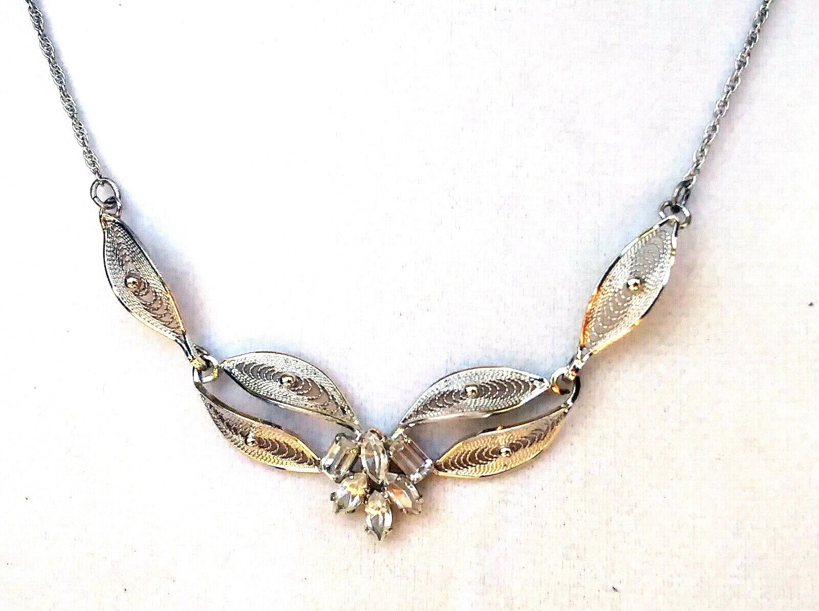 Gorgeous Vintage Sterling Silver & Crystal Filigree Necklace image 2