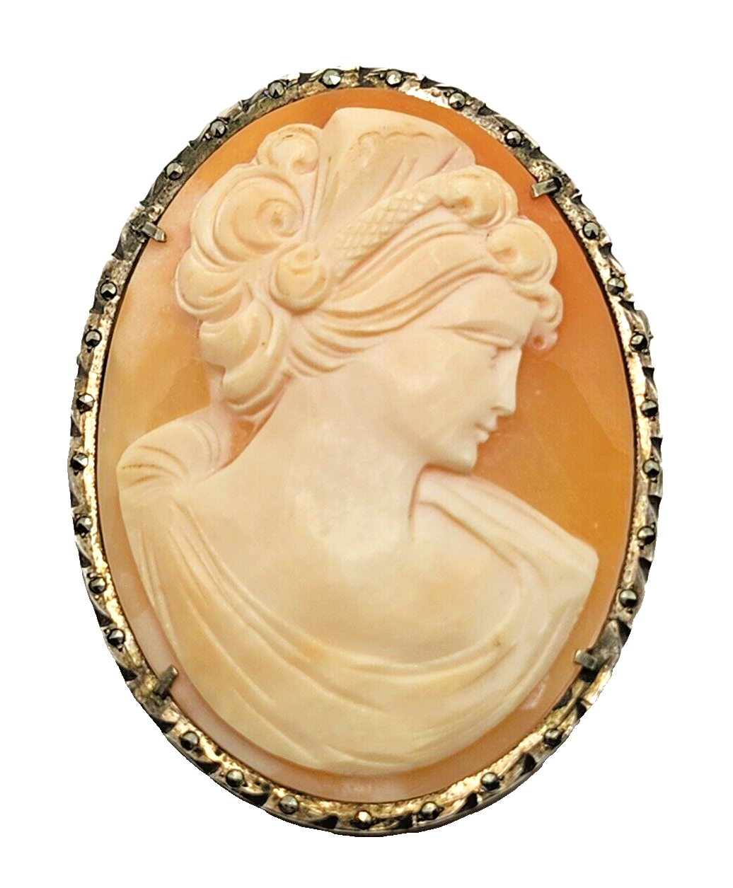 Large Antique Victorian Sterling Silver Marcasite & Shell Cameo Brooch Pendant image 1