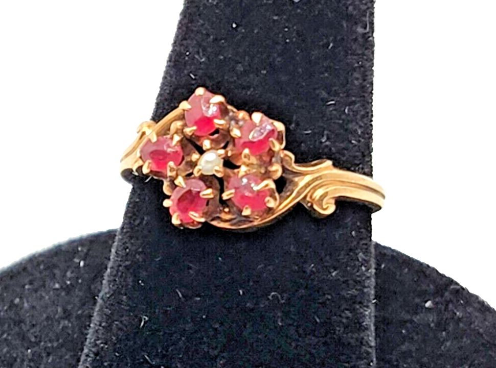 Antique Ruby & Seed Pearl Flower 10K Yellow Gold Ring image 1