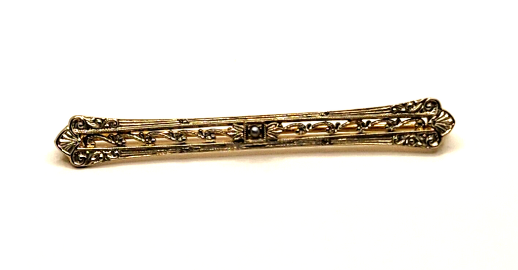 Antique Victorian Gray Seed Pearl & 10k White & Yellow Gold Bar Pin image 0