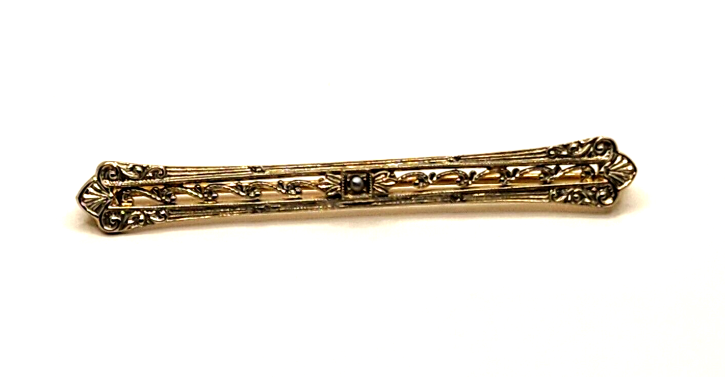 Antique Victorian Gray Seed Pearl & 10k White & Yellow Gold Bar Pin image 0