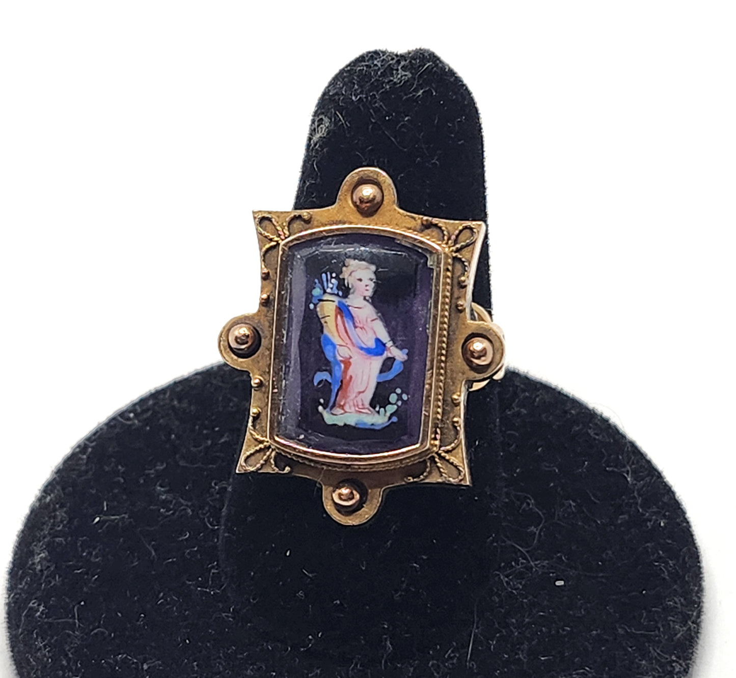Antique Victorian Painted Portrait Cameo on Amethyst 14k Gold Ring image 1