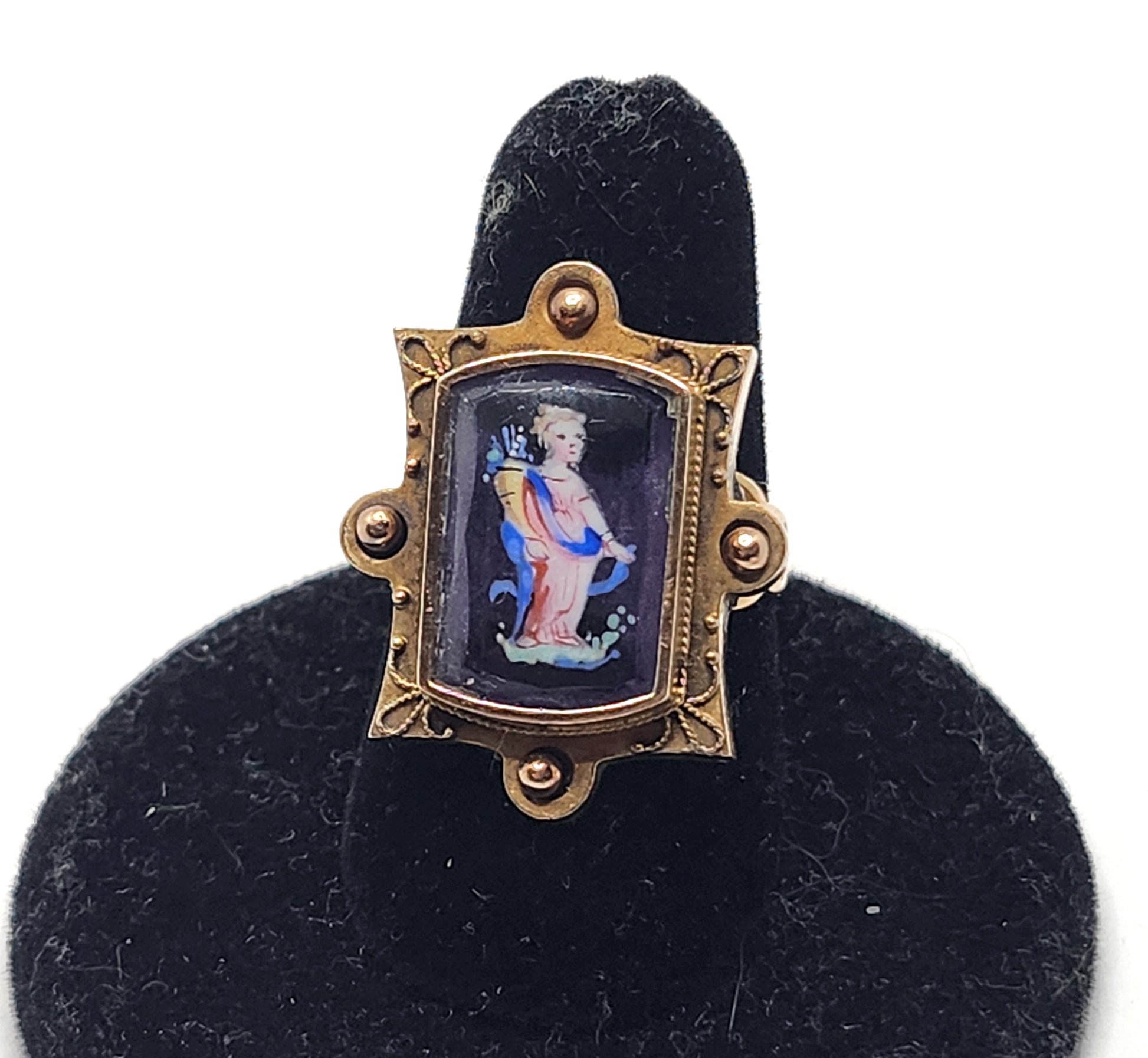 Antique Victorian Painted Portrait Cameo on Amethyst 14k Gold Ring image 1