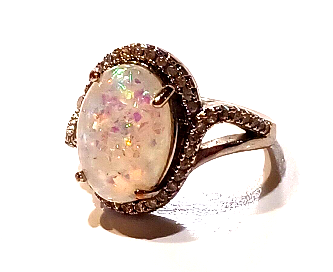 Gorgeous Crushed Opal & CZ Sterling Silver Halo Ring image 5