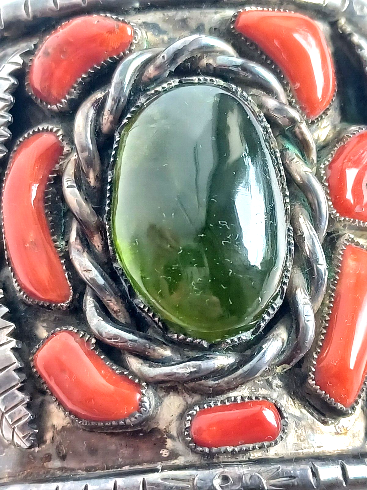 Lg Native American Green Amber Turq & Coral Sterling Cuff Bracelet Wilford Chee image 8