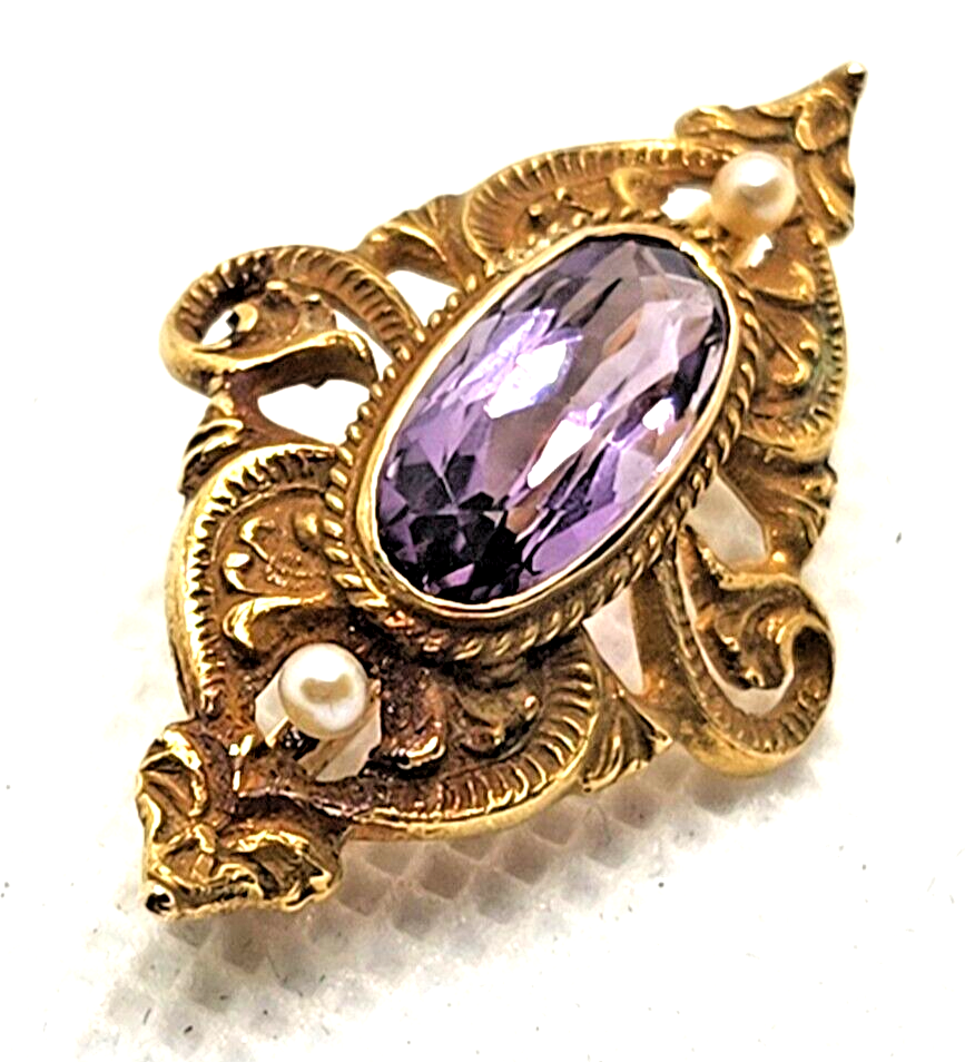 Antique Victorian Amethyst Pearl & 14k Yellow Gold Bar Pin Brooch image 3