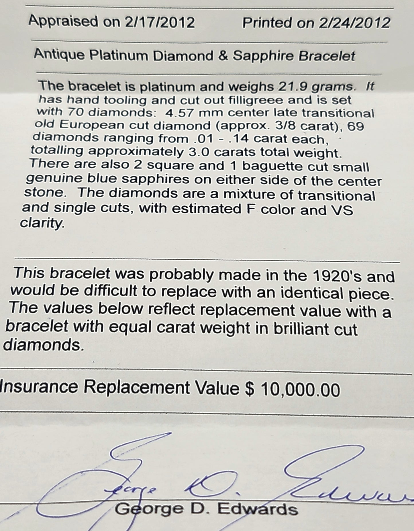 Antique Art Deco Filigree Platinum 3ct Diamond & Sapphire Bracelet image 11