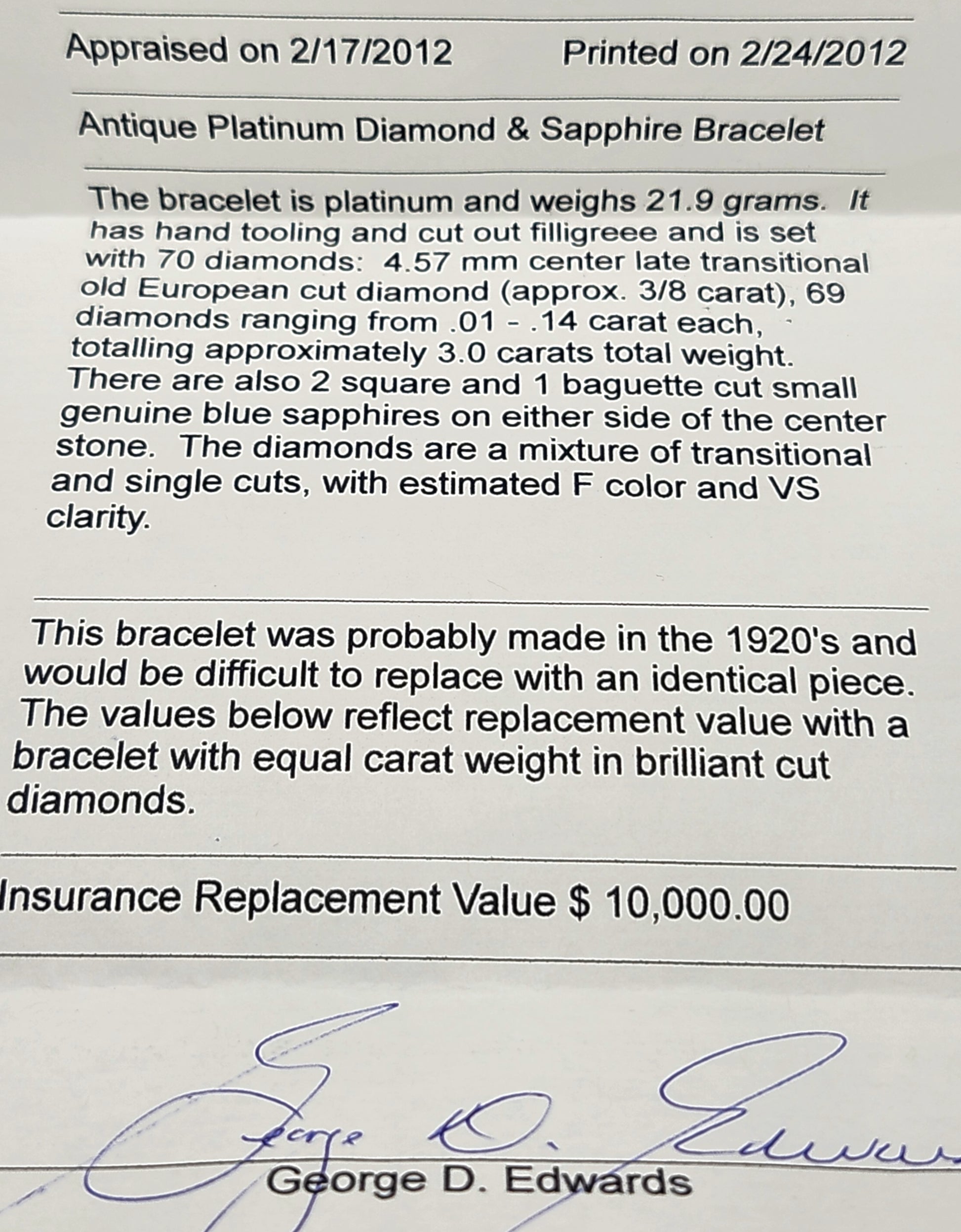 Antique Art Deco Filigree Platinum 3ct Diamond & Sapphire Bracelet image 11