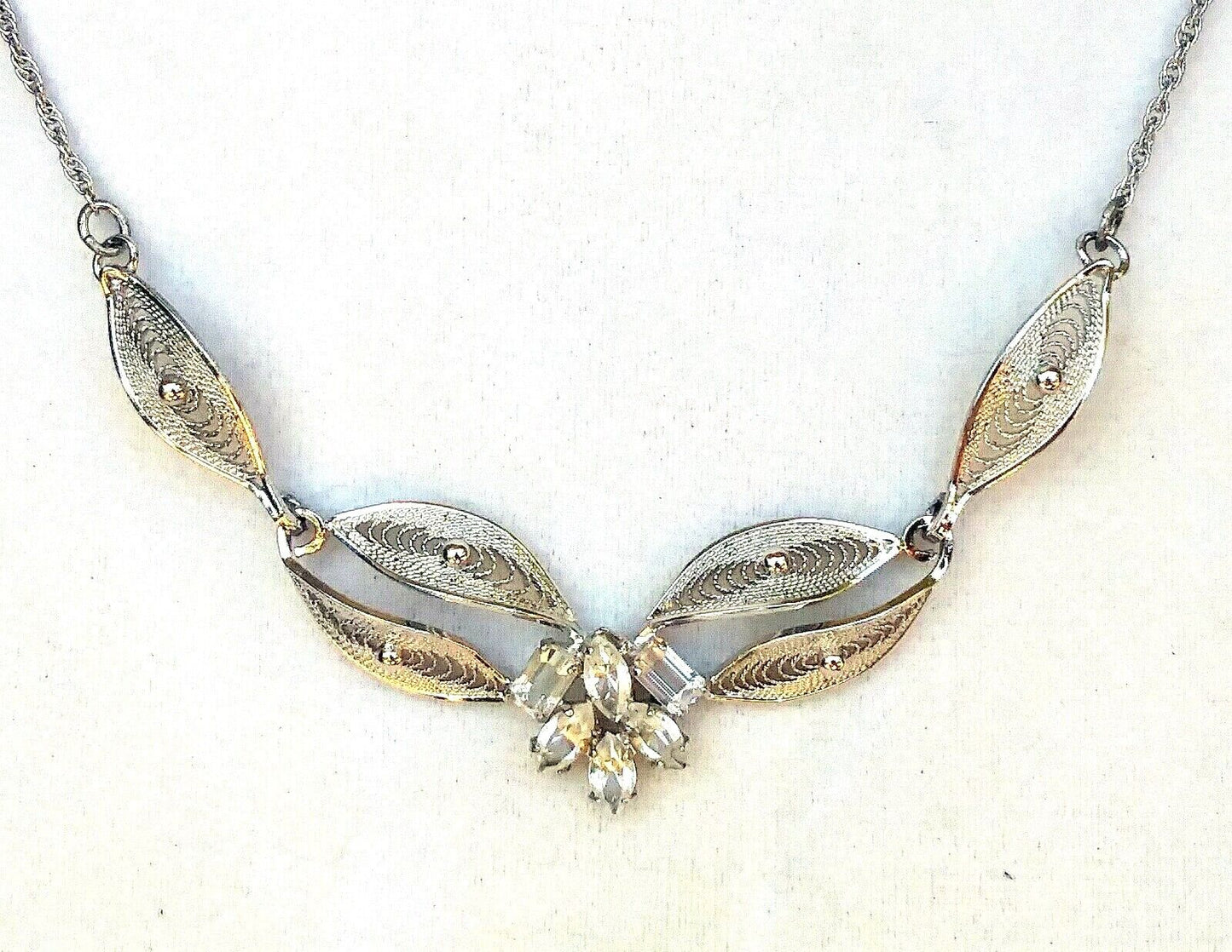Gorgeous Vintage Sterling Silver & Crystal Filigree Necklace image 0