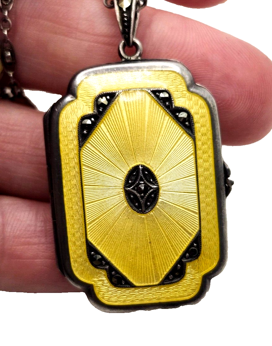 Antique Sterling Silver Guilloche Enamel Long Link Chain w/ Matching Locket image 6