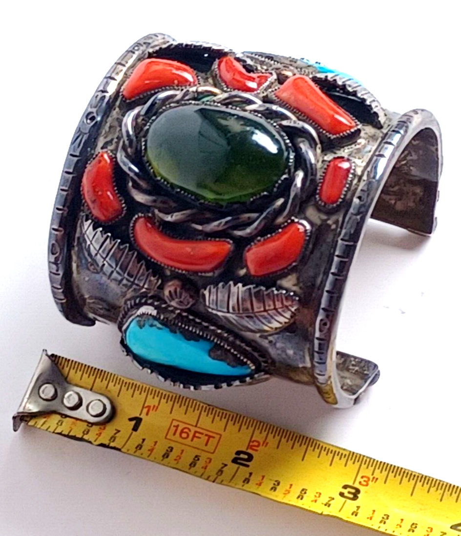 Lg Native American Green Amber Turq & Coral Sterling Cuff Bracelet Wilford Chee image 5