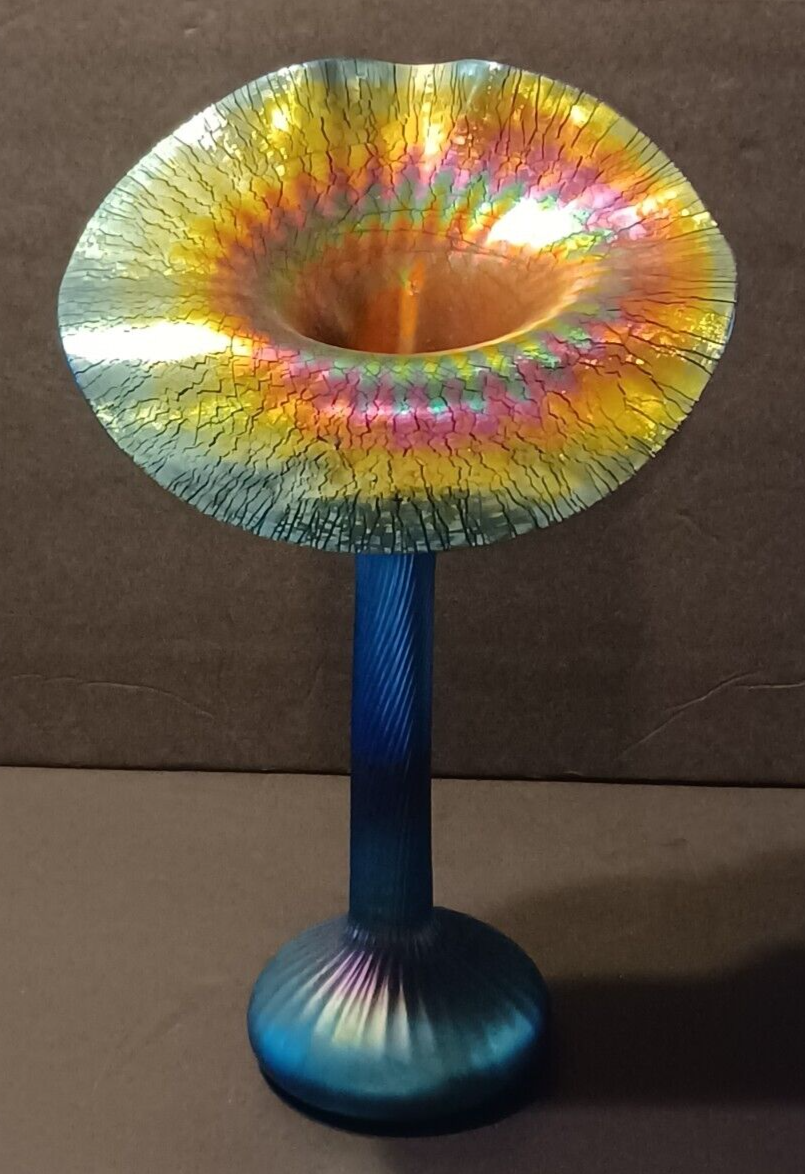 LUNDBERG Studios Art Glass JACK IN THE PULPIT Aurene Blue Iridescent Vase image 3