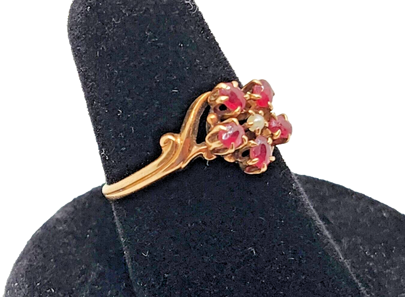 Antique Ruby & Seed Pearl Flower 10K Yellow Gold Ring image 2