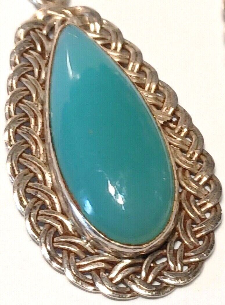 Vintage Sterling Silver & Aqua Blue Cabochon Stone Dangle Drop Earrings image 2