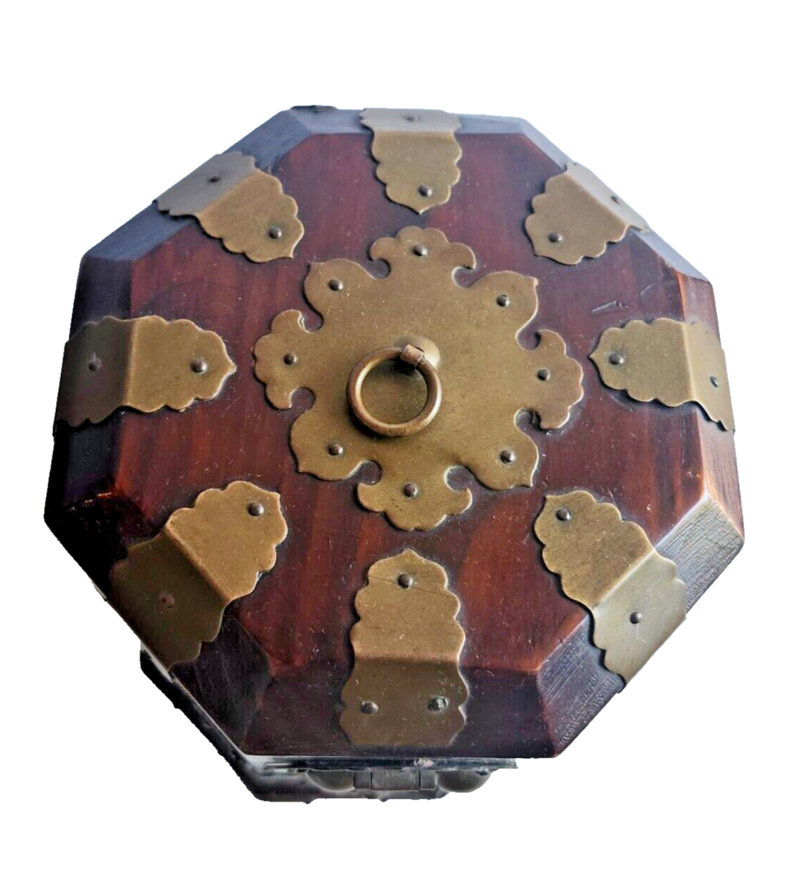 Antique Chinese Brass & Wood Hexagonal Tea Caddy image 8