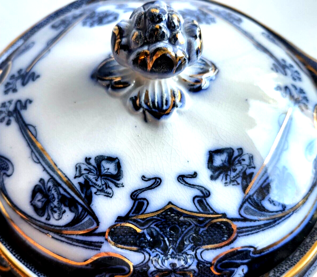 Antique Royal Staffordshire Iris Flow Blue Covered Round Vegetable Serving Bowl image 6