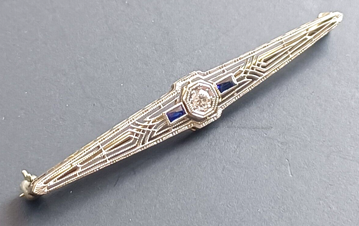 Antique Art Deco Diamond Sapphire & Platinum Bar Pin image 4