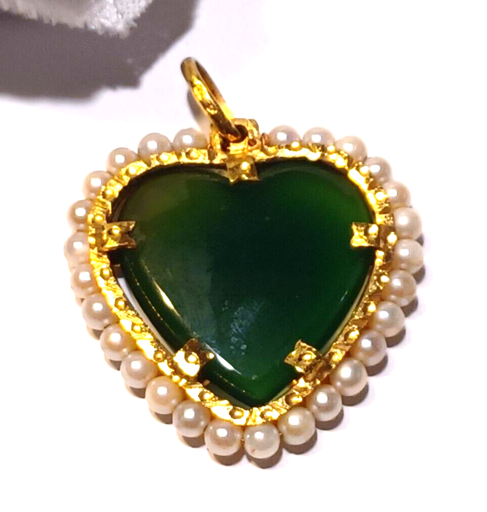 Imperial Jade Jadite Heart 18K Yellow Gold & Pearl Pendant image 1