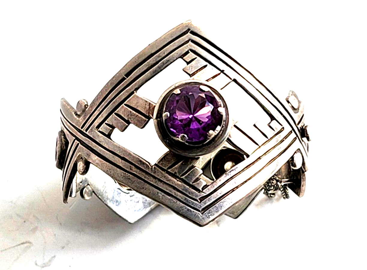 Vintage Taxco Mexico Sterling & Amethyst Chunky Hinged Bangle Bracelet Signed image 3
