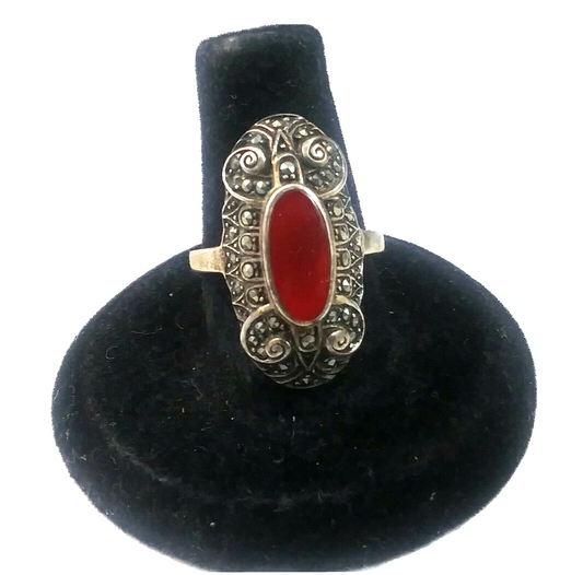 Antique Art Deco Coral Marcasite & Sterling Silver Ring Size 7 image 0
