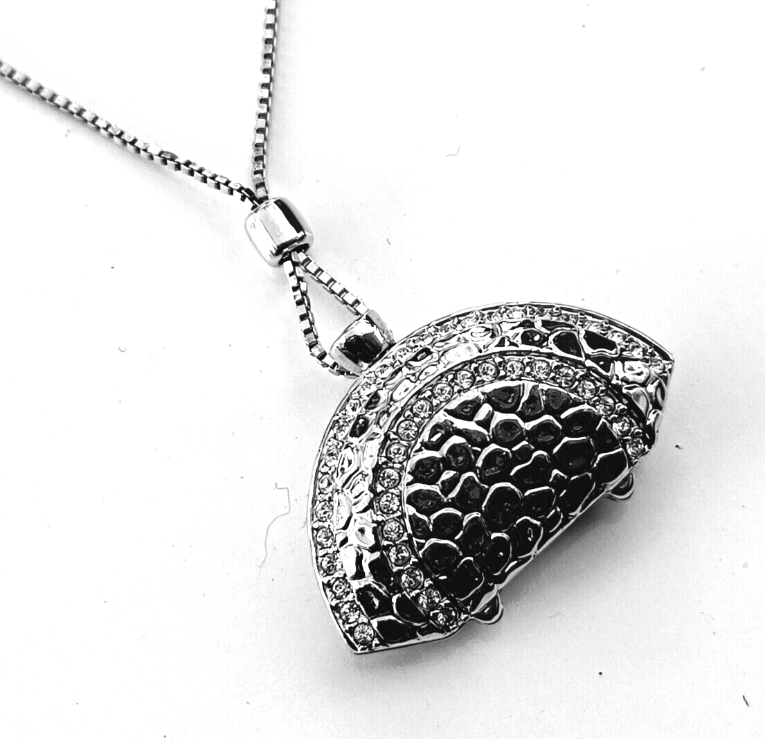 Swaroski Crystal Signed Silver Toned Purse Pendant & Chain image 2